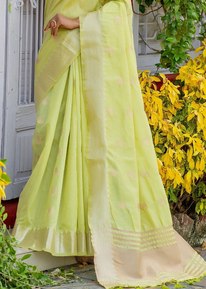 Lime Green Assam Silk Saree with Zari Weaving Butti overall