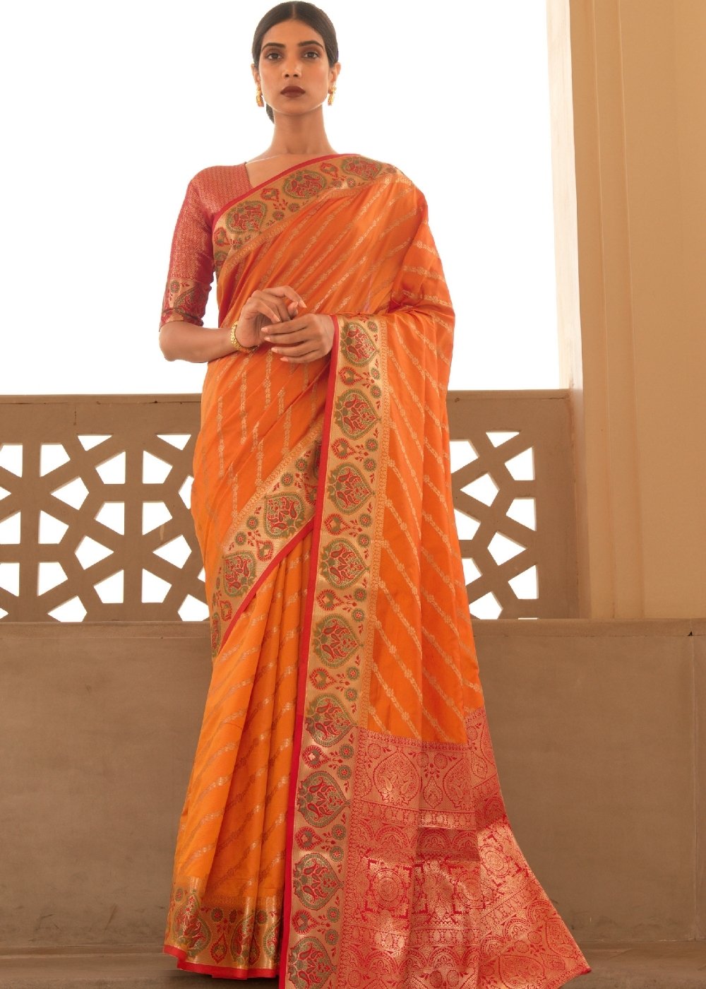 Amber Orange Woven Soft Banarasi Silk Saree with Contrast Pallu & Blouse
