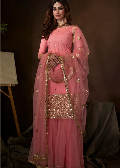 Coral Pink Designer Soft Net Sharara Suit with Sequin, Thread and Dori work