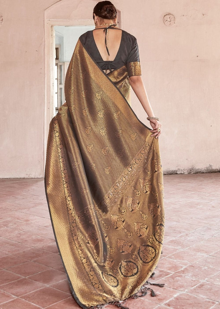 Cedar Brown Handloom Weave Kanjivaram Silk Saree with Swaroski work