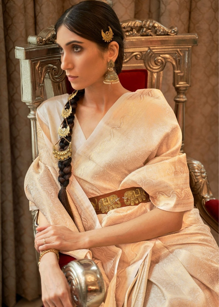 Parchment White & Golden Zari Woven Kanjivaram Silk Saree with Tassels on Pallu