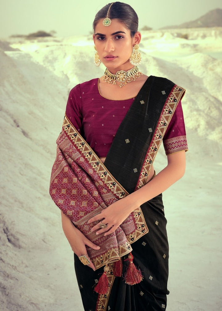 Jade Black Woven Banarasi Silk Saree with Embroidered Border & Swarovski work