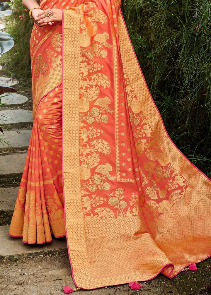 Coral Orange Zari Woven Banarasi Silk Saree