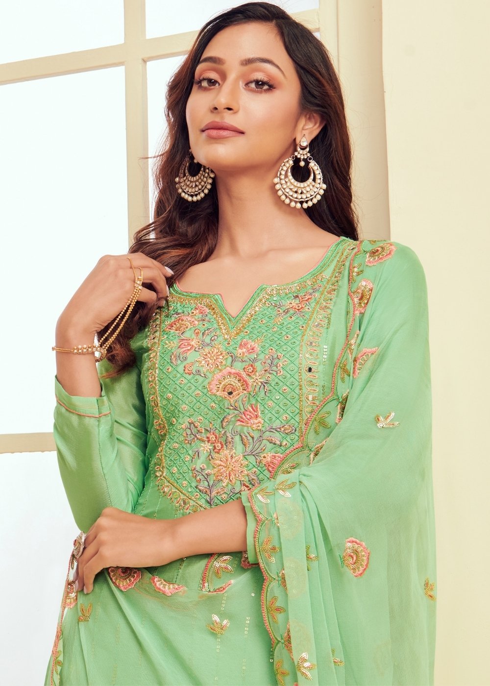 Seafoam Green Georgette Salwar Suit with Thread & Zari Embroidery work