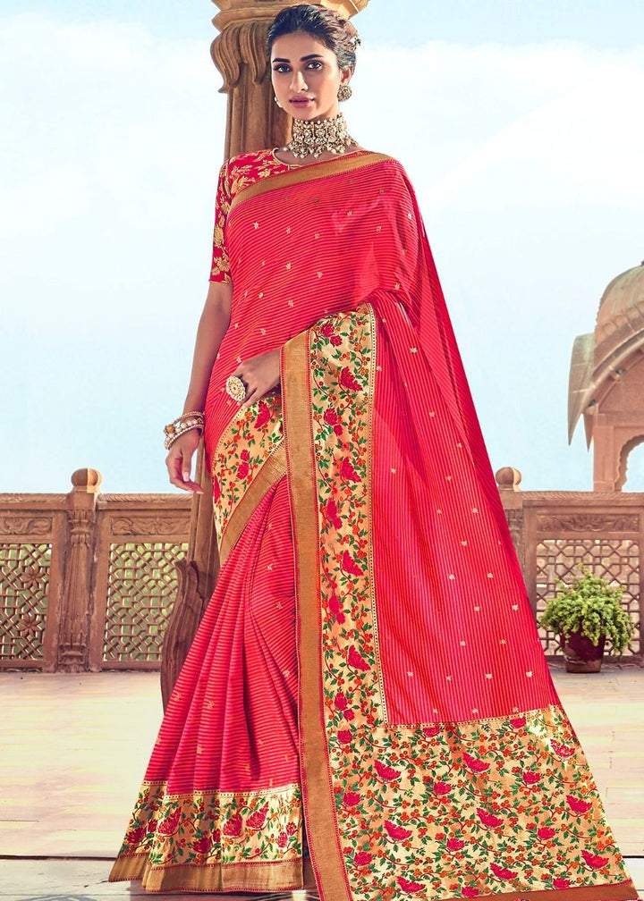 Red Banarasi Silk Saree with Thread Embroidery