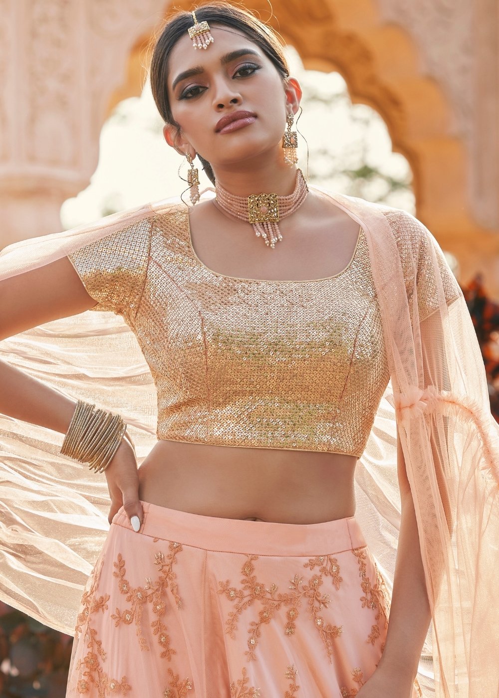 Peach Pink Net Lehenga having Thread & Sequins work Paired with Raw Silk Blouse