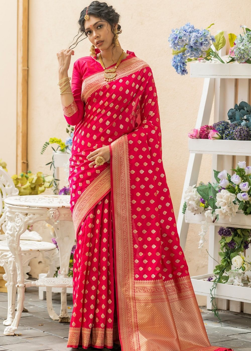 Ruby Pink Soft Banarasi Silk Saree with overall Butti