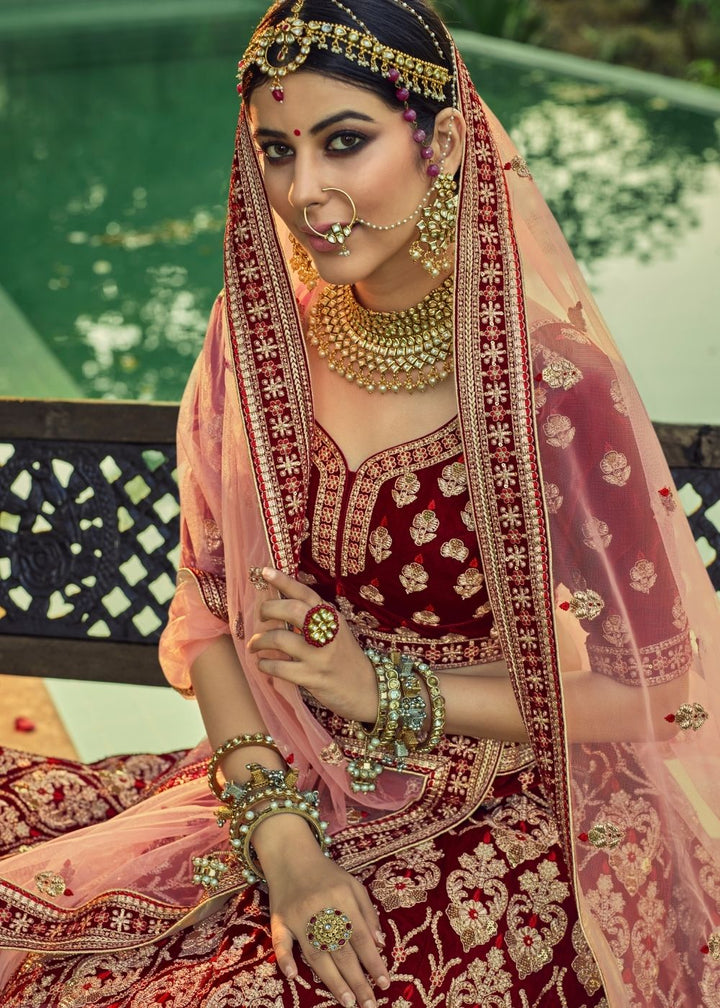 Mahogany Red Bridal Velvet Lehenga Choli with Embroidery & Hand work