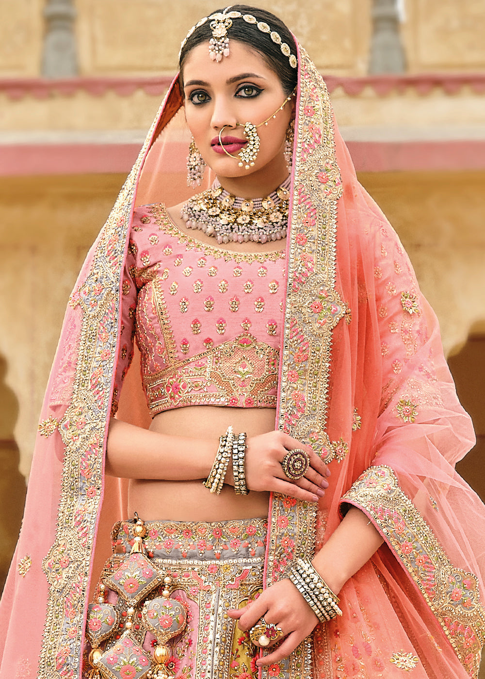Pink & Grey Banarasi Silk Lehenga Choli with Heavy Embroidery Work