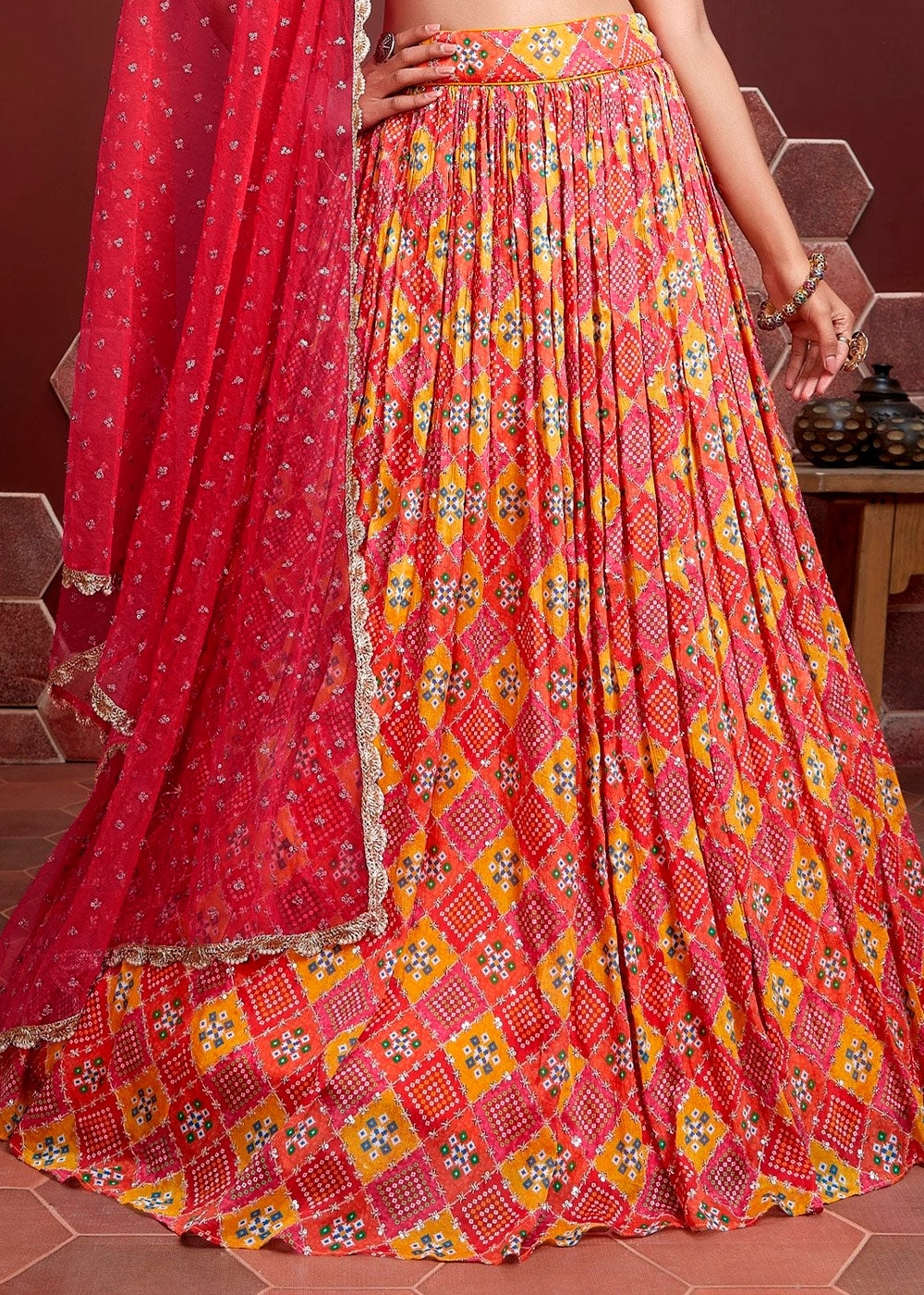 Red & Orange Bandhani Printed Chinon Silk Lehenga Choli with Embroidery & Mirror work