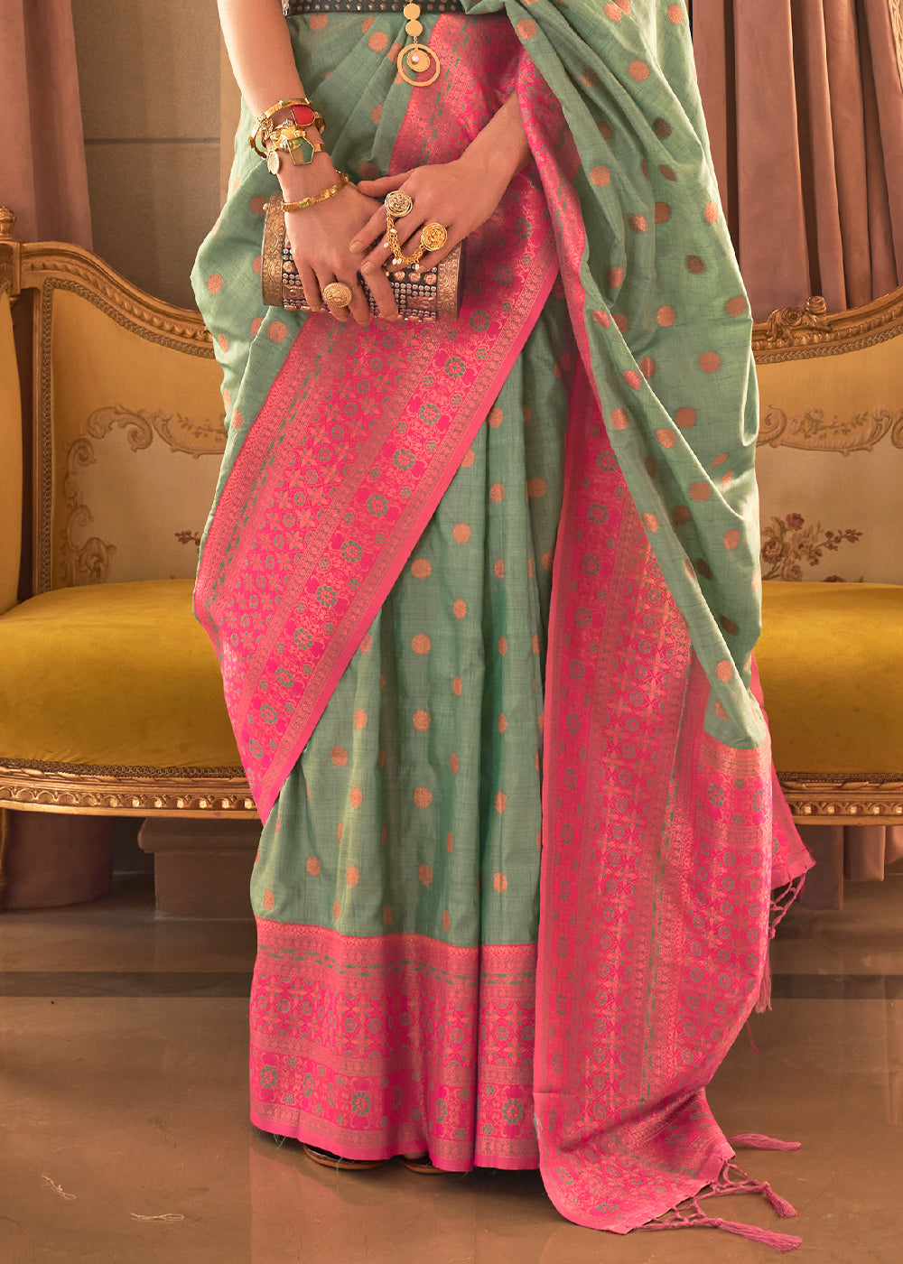 Green & Pink Bamboo Copper Zari Handloom Woven Silk Saree