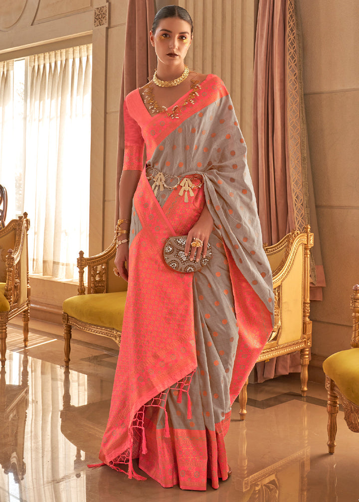 Grey & Pink Bamboo Copper Zari Handloom Woven Silk Saree