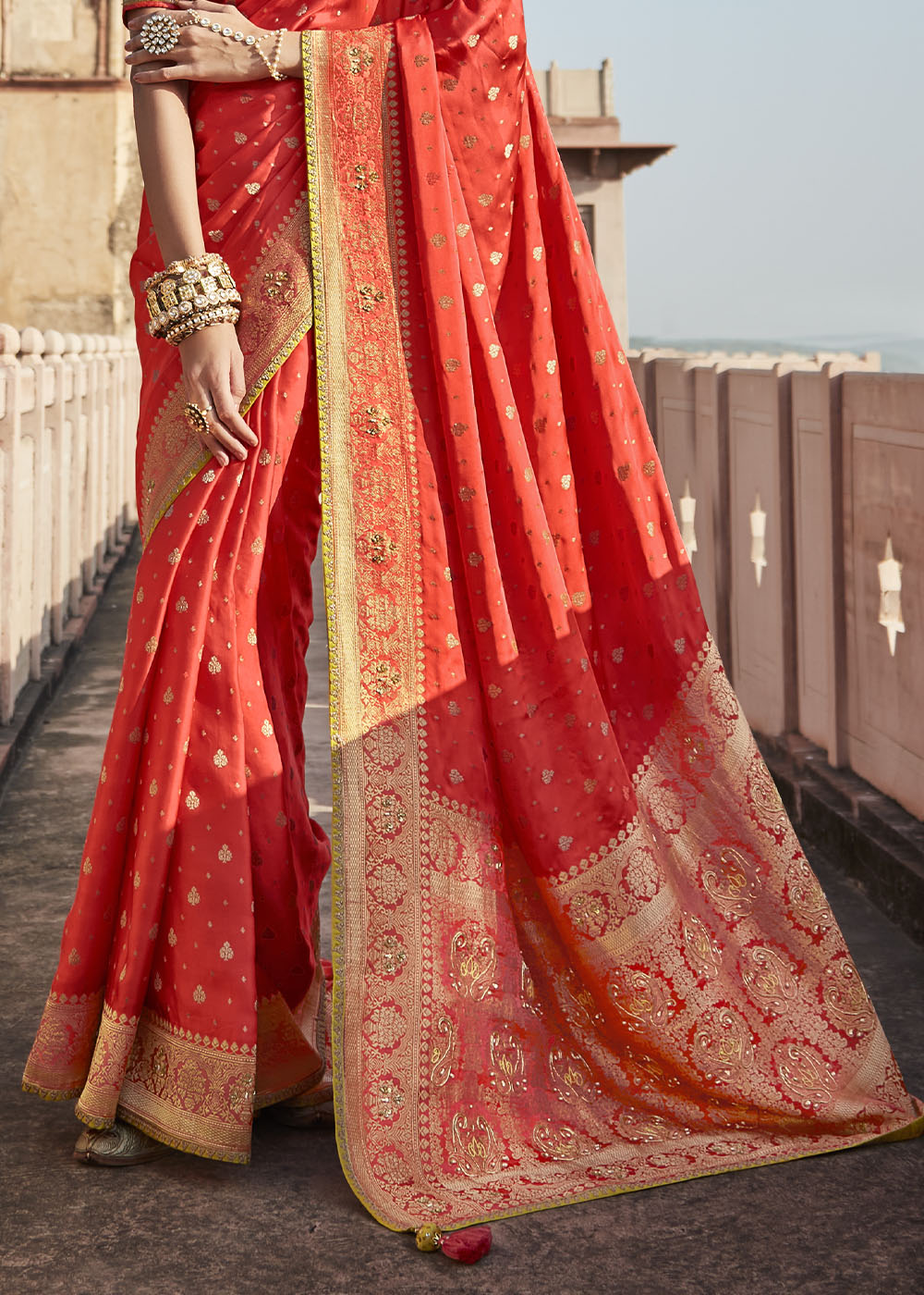 Persian Red Woven Banarasi Silk Saree with Embroidered Blouse