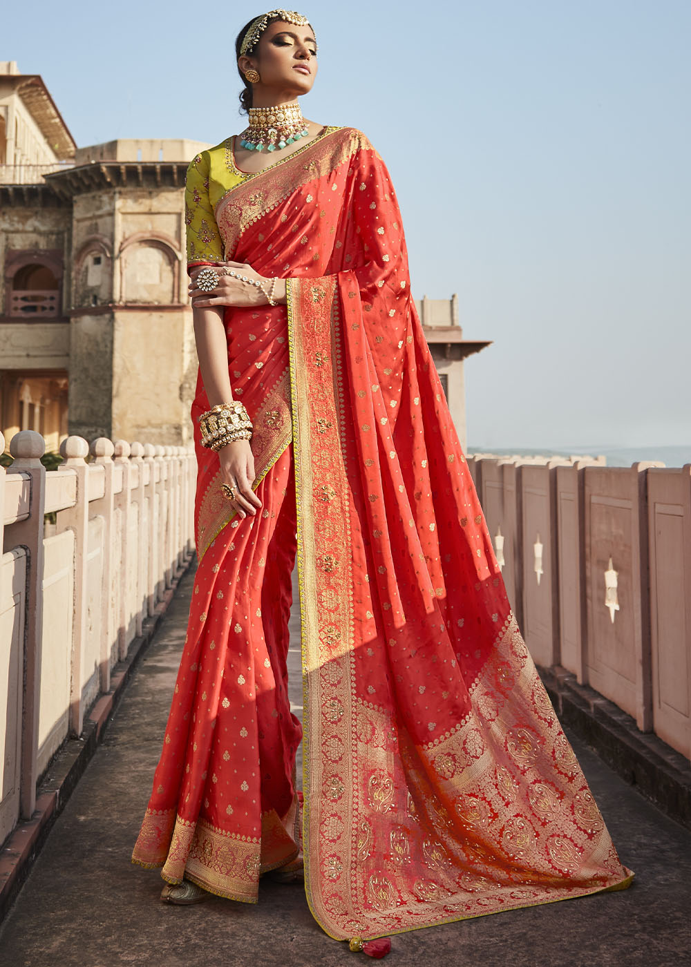 Persian Red Woven Banarasi Silk Saree with Embroidered Blouse