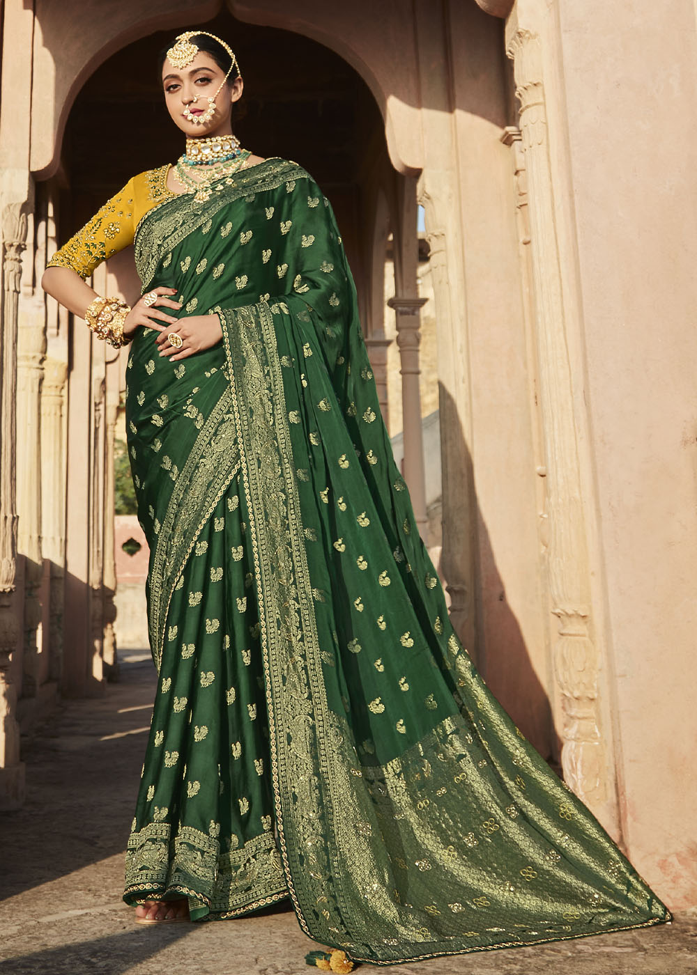 Sacramento Green Woven Banarasi Silk Saree with Embroidered Blouse