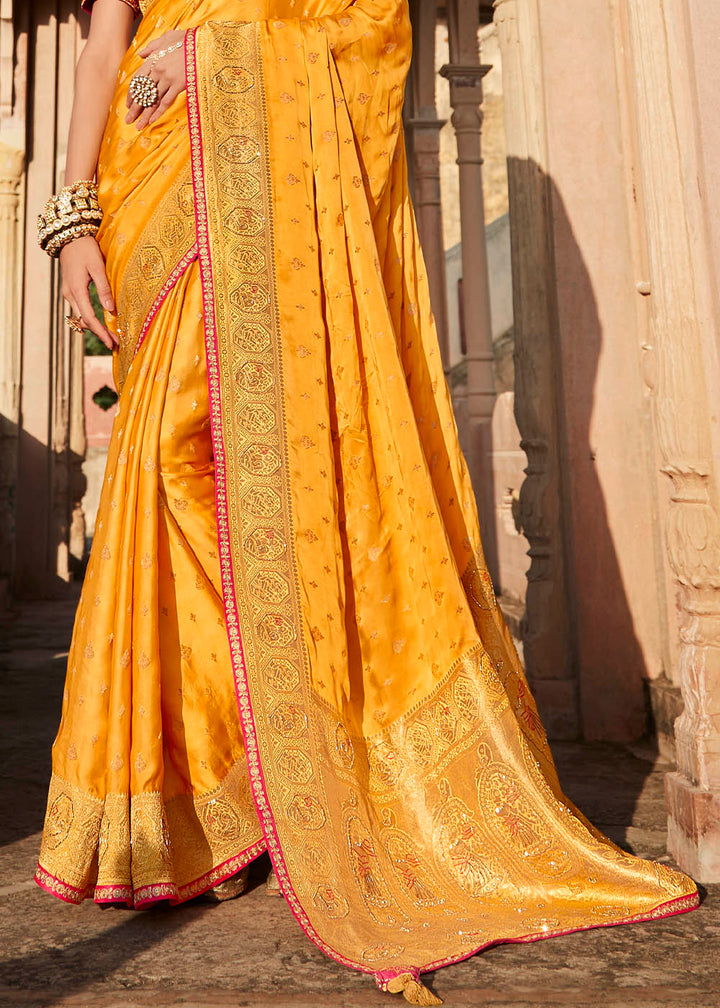 Merigold Orange Woven Banarasi Silk Saree with Embroidered Blouse
