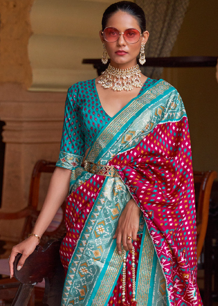 Pink & Blue Printed Patola Silk Saree with Tassels on Pallu