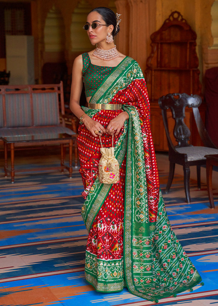 Red & Green Printed Patola Silk Saree with Tassels on Pallu