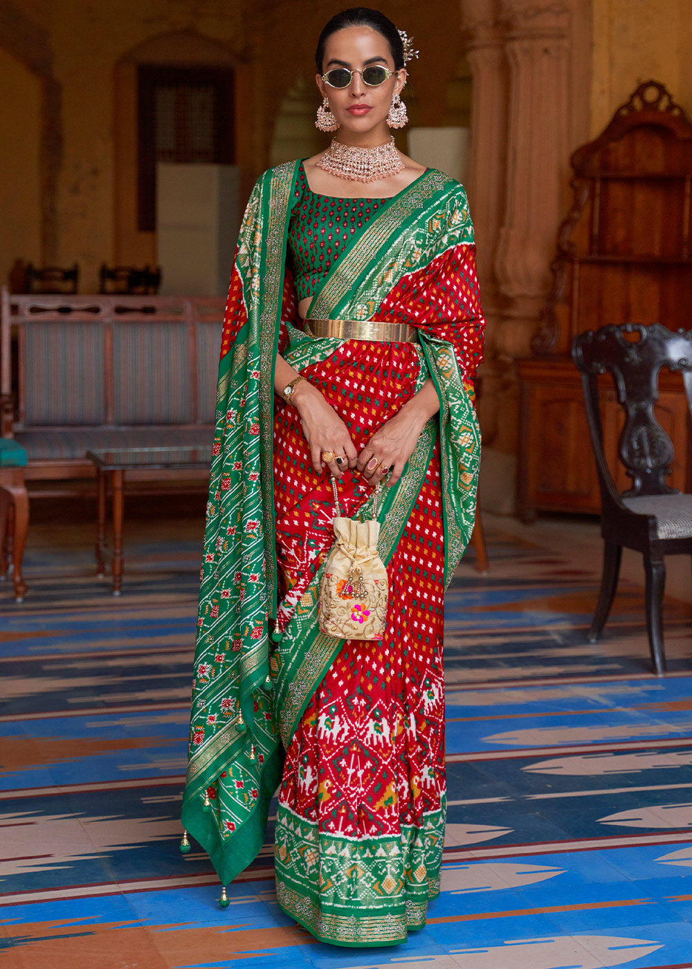 Red & Green Printed Patola Silk Saree with Tassels on Pallu