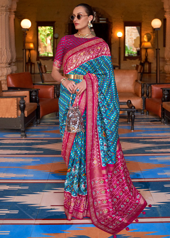 Pink & Blue Printed Patola Silk Saree with Tassels on Pallu