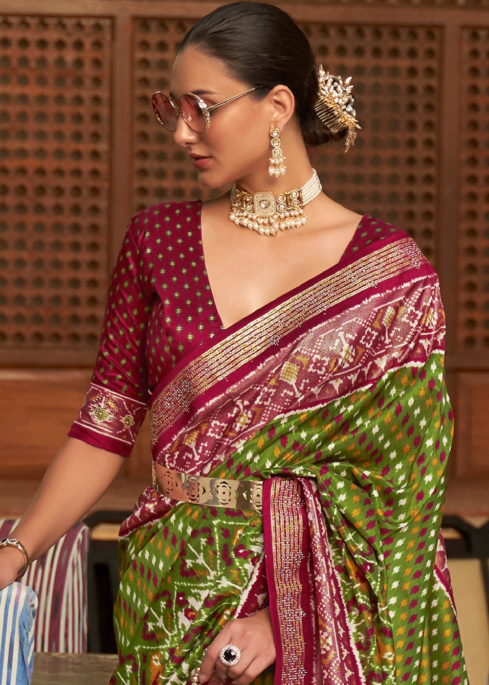 Green & Purple Printed Patola Silk Saree with Tassels on Pallu