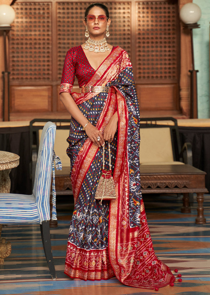 Red & Blue Printed Patola Silk Saree with Tassels on Pallu
