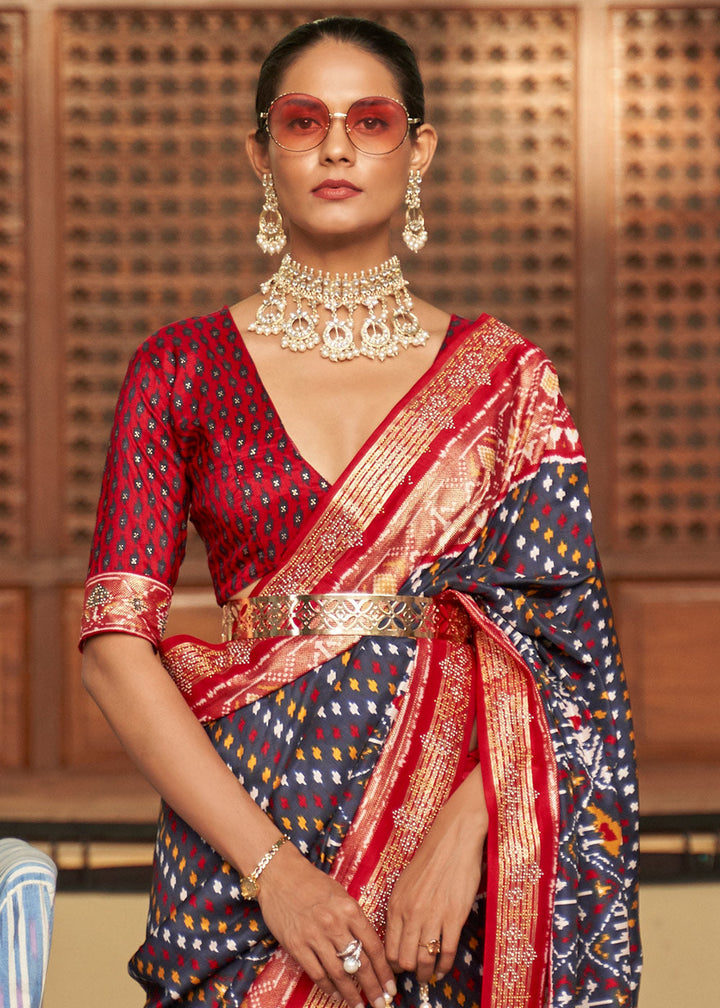 Red & Blue Printed Patola Silk Saree with Tassels on Pallu