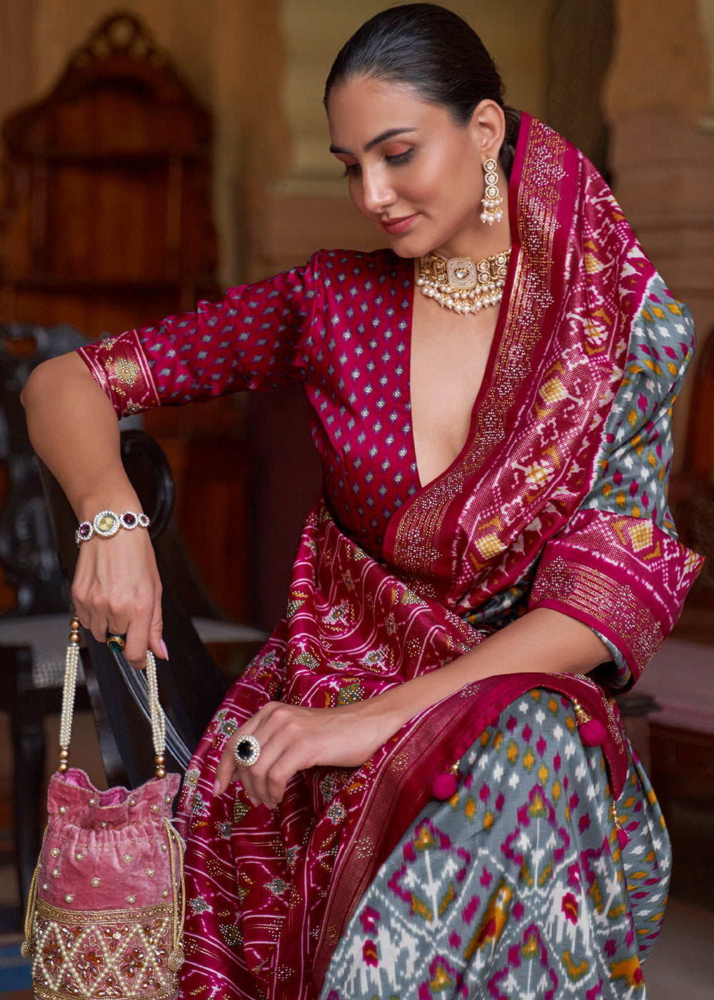 Grey & Pink Printed Patola Silk Saree with Tassels on Pallu