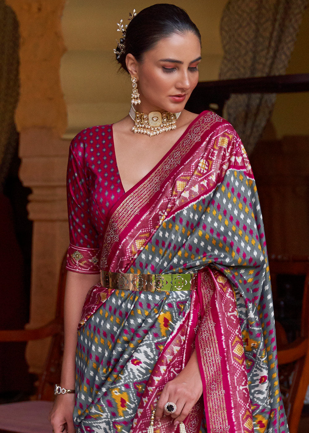 Grey & Pink Printed Patola Silk Saree with Tassels on Pallu