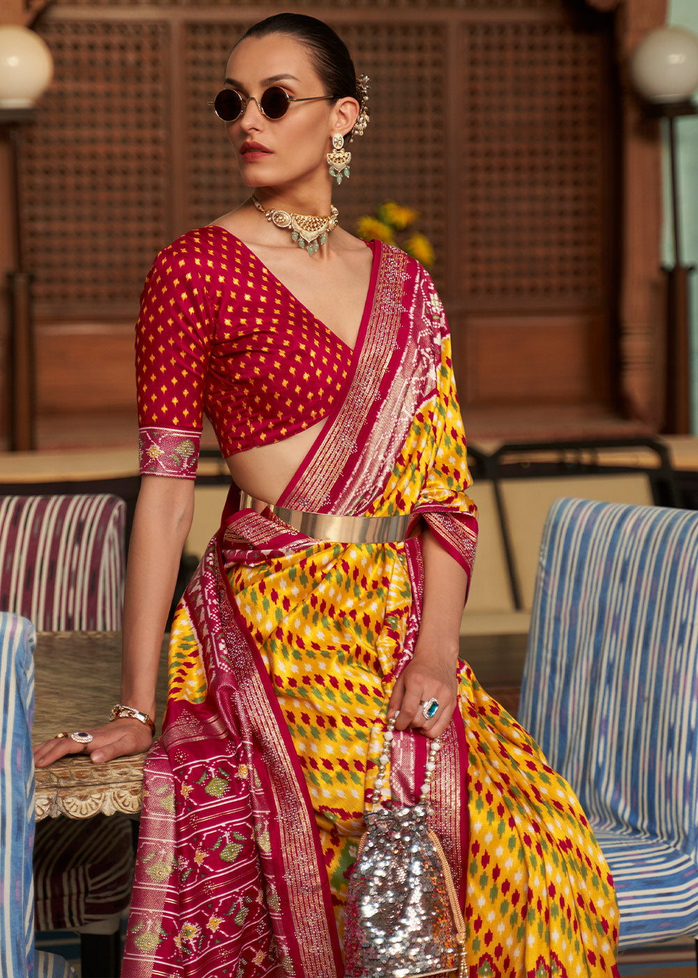 Yellow & Red Printed Patola Silk Saree with Tassels on Pallu