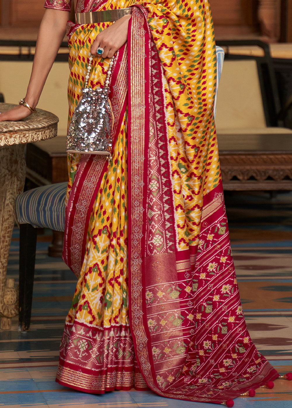 Yellow & Red Printed Patola Silk Saree with Tassels on Pallu