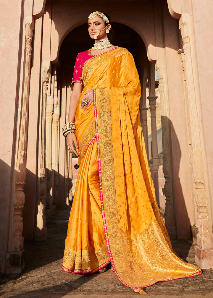 Merigold Orange Woven Banarasi Silk Saree with Embroidered Blouse