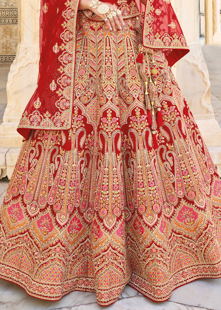 Ruby Red Velvet Lehenga Choli with Heavy Embroidery Work