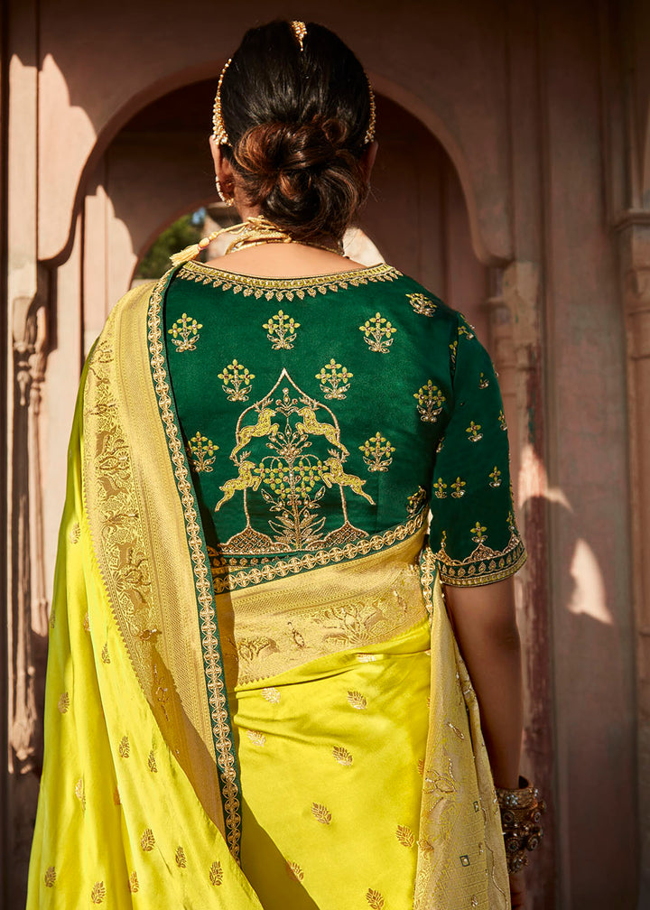 Chartreuse Green Woven Banarasi Silk Saree with Embroidered Blouse