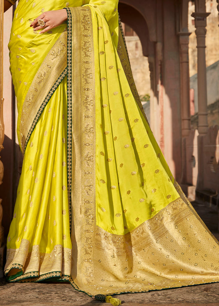 Chartreuse Green Woven Banarasi Silk Saree with Embroidered Blouse