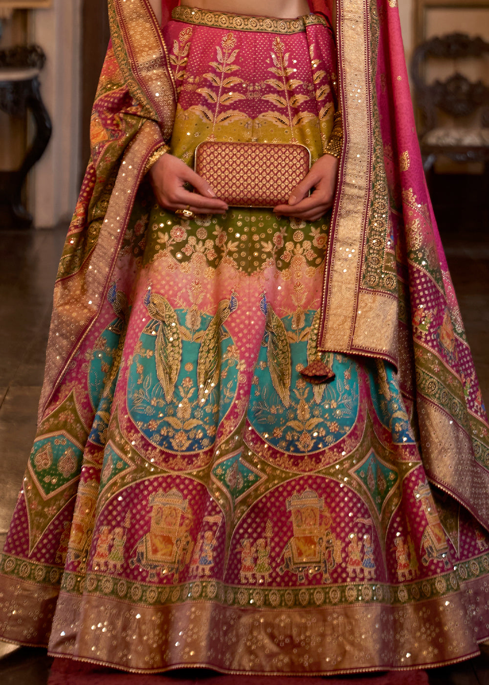 Pink & Brown Ready to Wear Designer Silk Lehenga Choli with Sparkle & Aari Mirror work