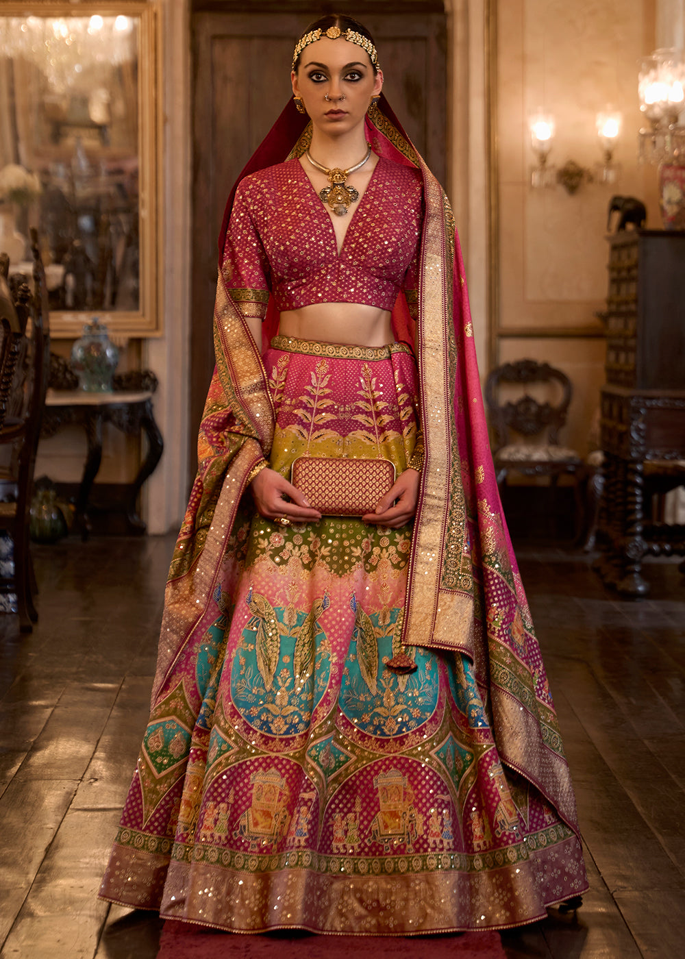Pink & Brown Ready to Wear Designer Silk Lehenga Choli with Sparkle & Aari Mirror work