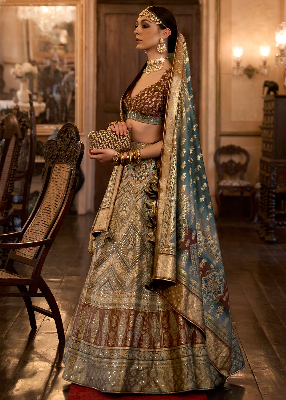 Blue & Brown Ready to Wear Designer Silk Lehenga Choli with Sparkle & Aari Mirror work