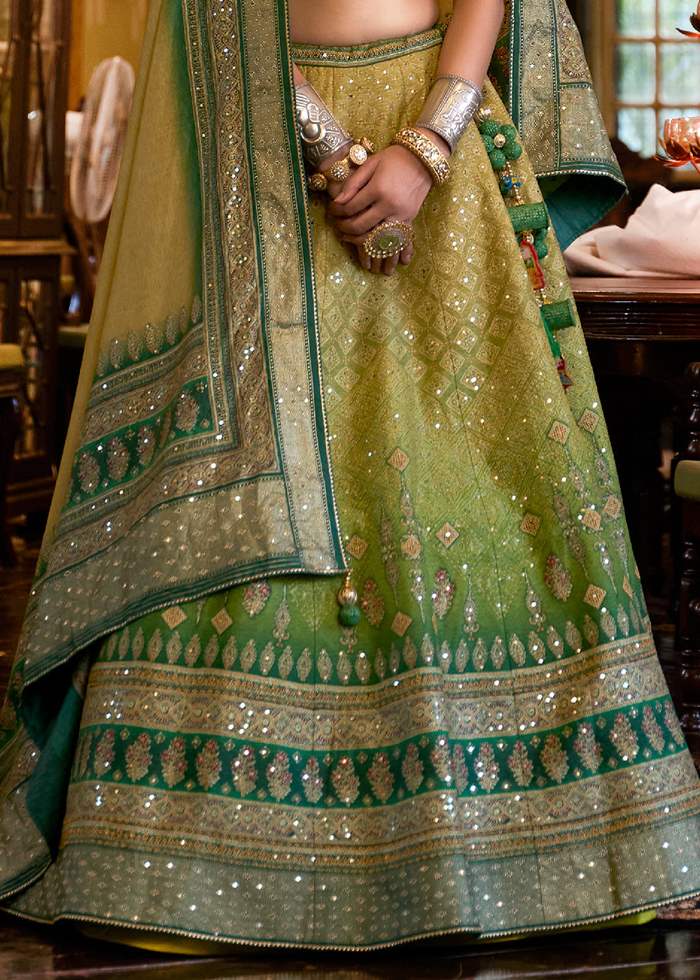 Shades Of Green Ready to Wear Designer Silk Lehenga Choli with Sparkle & Mirror work