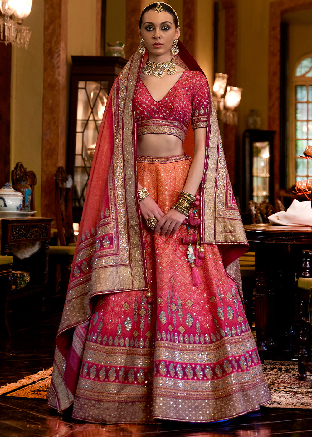 Multi Colored Ready to Wear Designer Silk Lehenga Choli with Sparkle & Mirror work