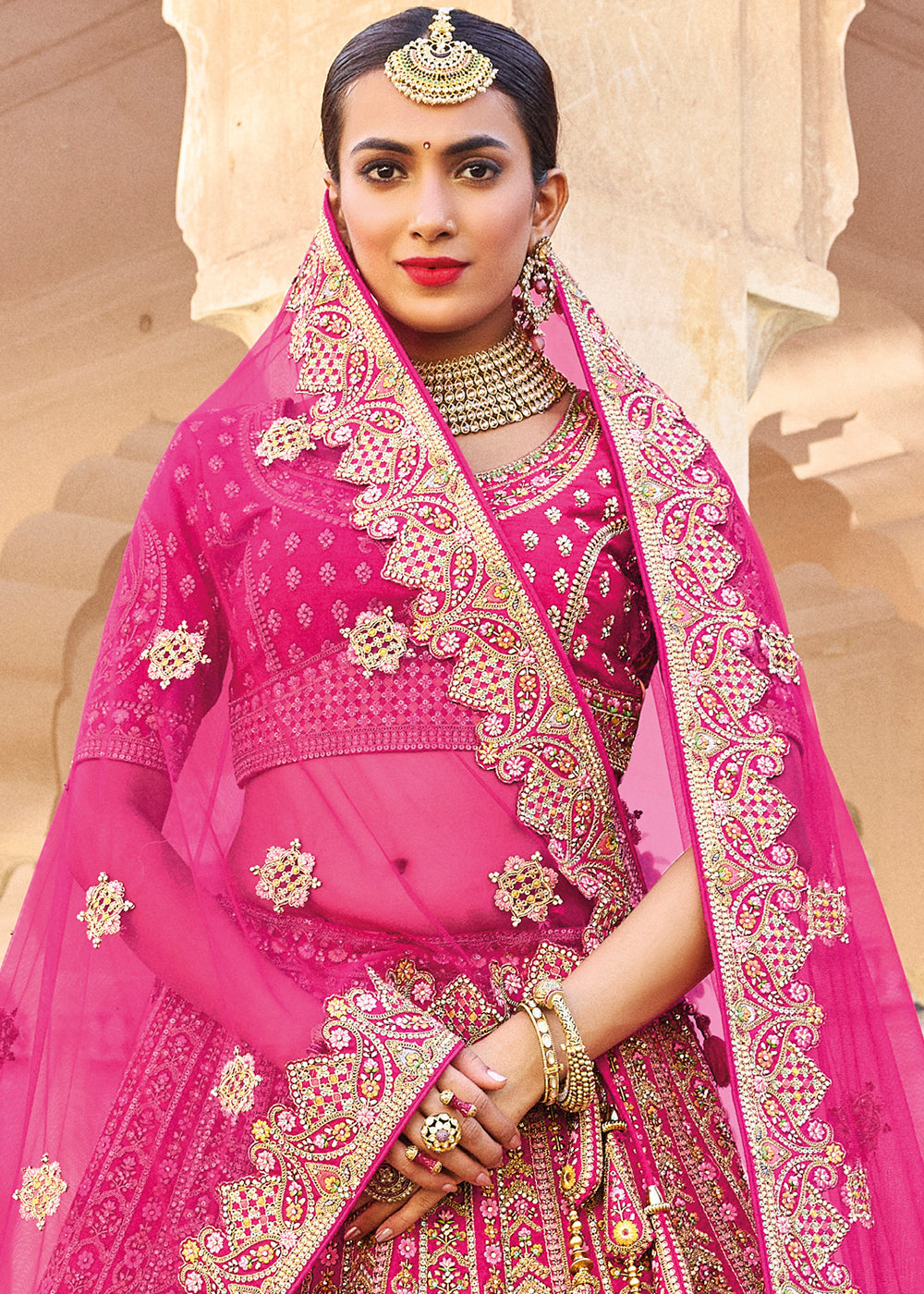 Hot Pink Banarasi Silk Lehenga Choli with Heavy Embroidery Work