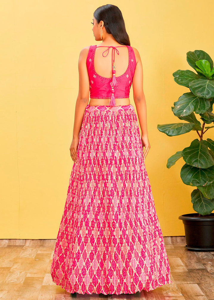 Hot Pink Digital Printed Chinnon Lehenga with Thread,Zari & Sequins Work