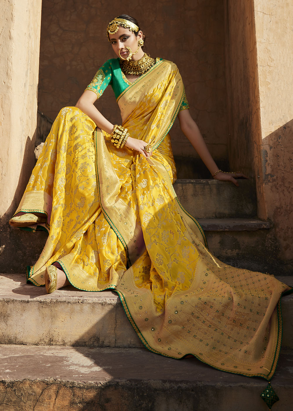 Cyber Yellow Woven Banarasi Silk Saree with Embroidered Blouse
