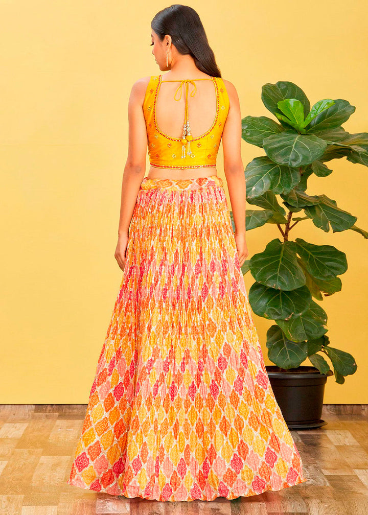 Saffron Yellow Digital Printed Chinnon Lehenga with Thread,Zari & Sequins Work