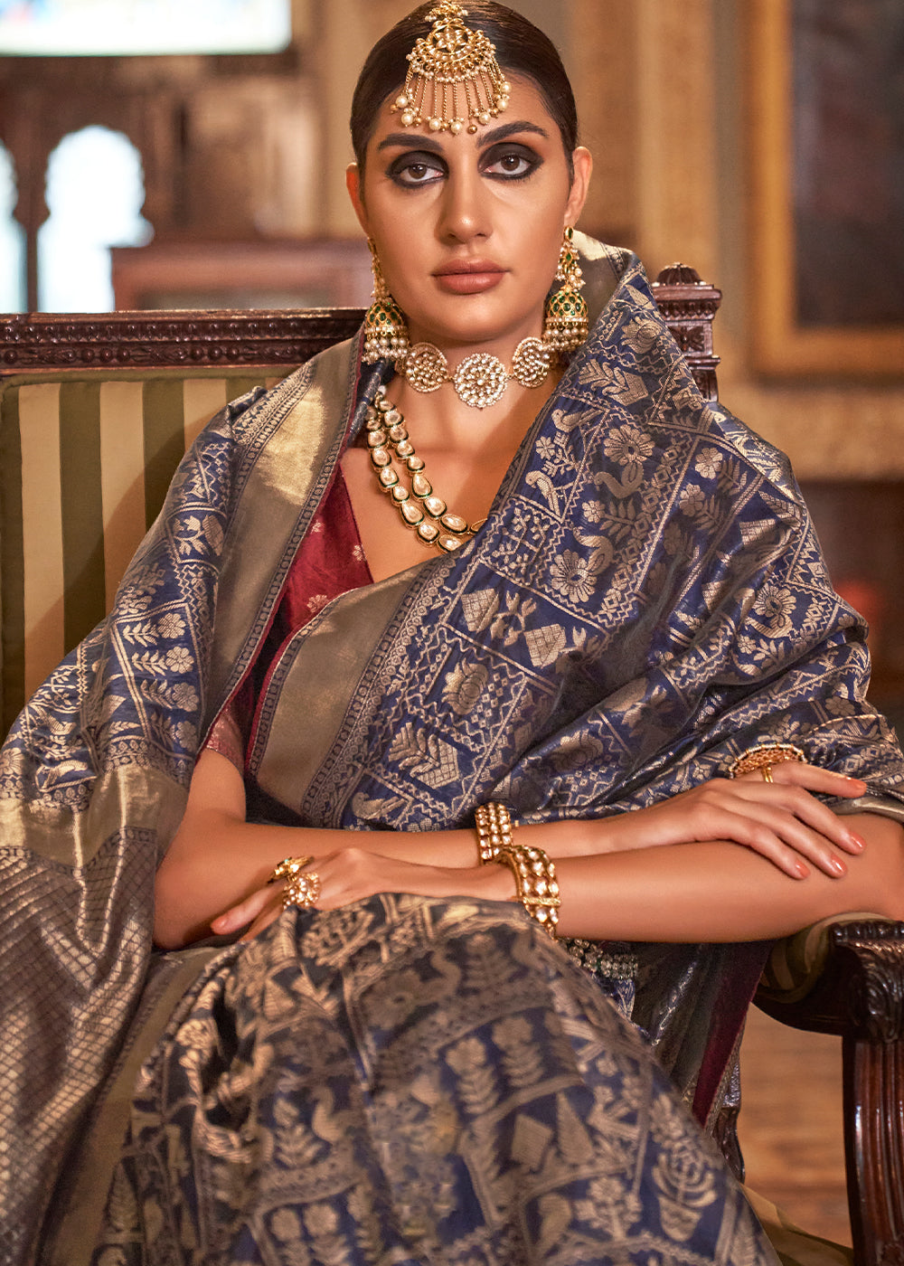 Denim Blue Zari Woven Banarasi Silk Saree