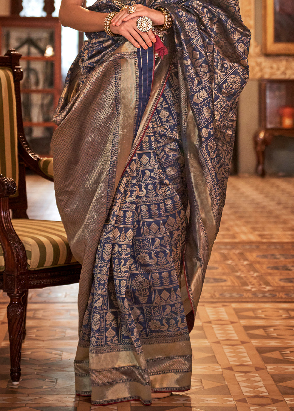 Denim Blue Zari Woven Banarasi Silk Saree
