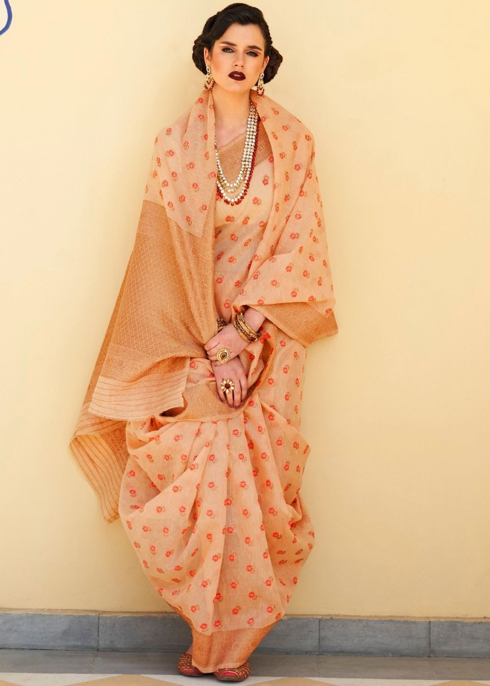 Cantaloupe Orange Pure Linen Woven Silk Saree with Resham work