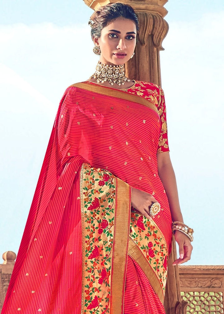 Red Banarasi Silk Saree with Thread Embroidery