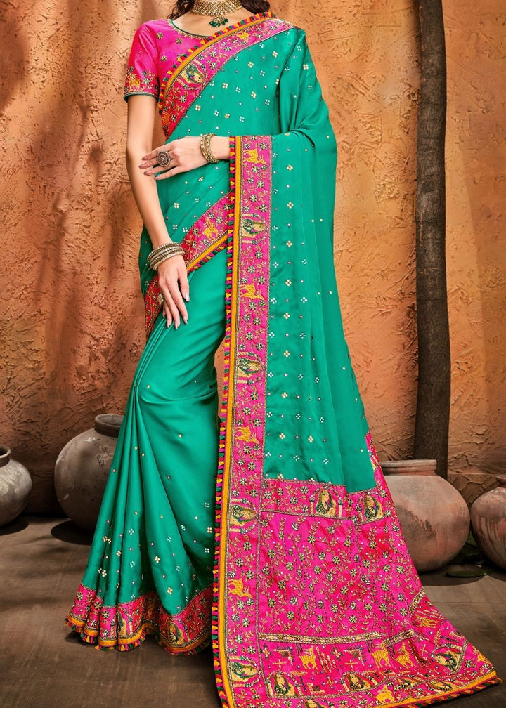 Turquoise Green Silk Saree with Mirror, Resham & Diamond work