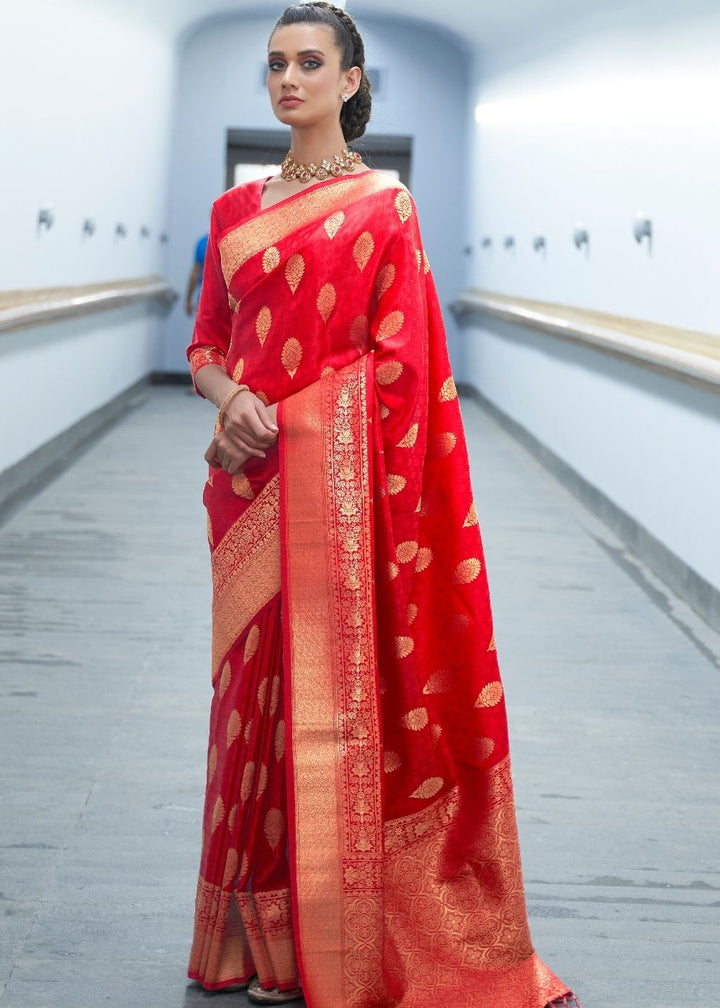Crimson Red Woven Banarasi Silk Saree with overall Butti